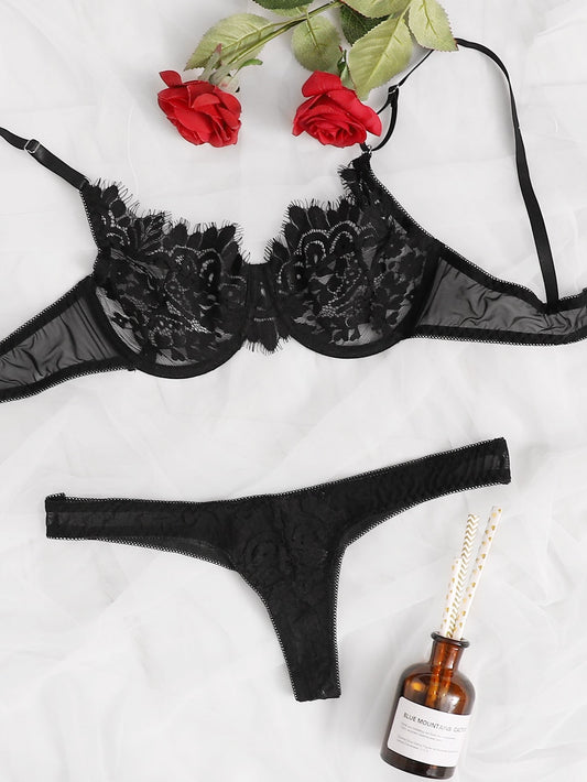 Conjunto bra y panty encaje negro