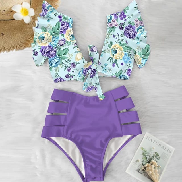 Traje de Baño~ Bikini Olanes Cintura Alta Lila Rosas