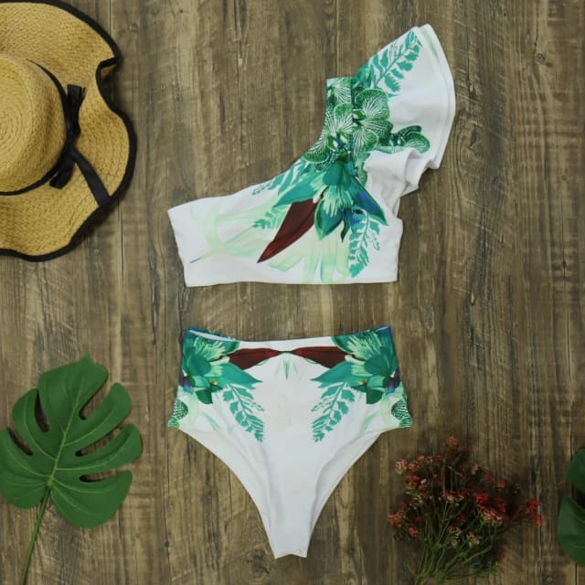 Traje de Baño~ Bikini Blanco con Volantes Flores Verde