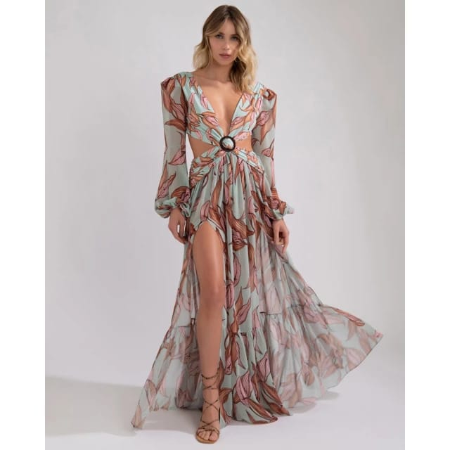 Vestido de Verano~ Largo Mangas Tipo Trikini Hojas Rosas