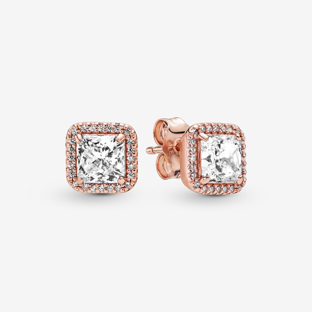 Square Sparkle Halo Stud Earrings~ Rose Gold