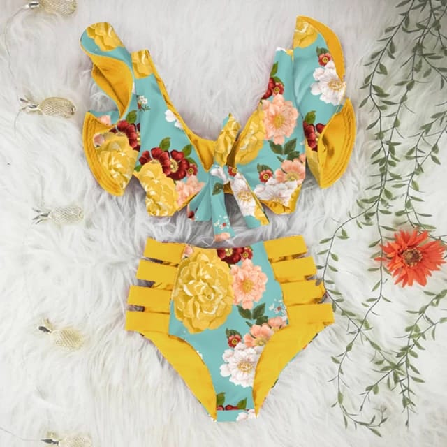 Traje de Baño~ Bikini Olanes Cintura Alta Aqua Flores