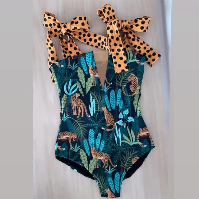 Traje de Baño~ Monokini Escote en "V" Estampado Jaguar