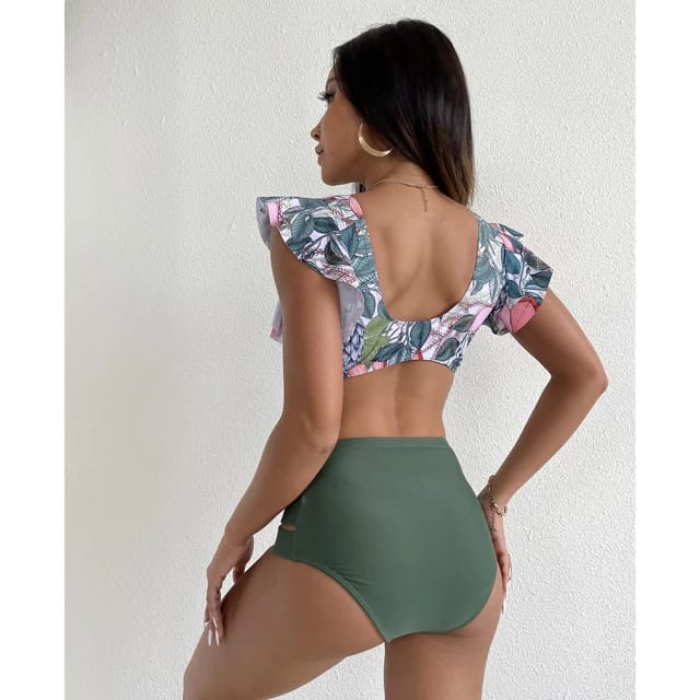 Traje de Baño~ Bikini Olanes Cintura Alta Verde Olivo Flores