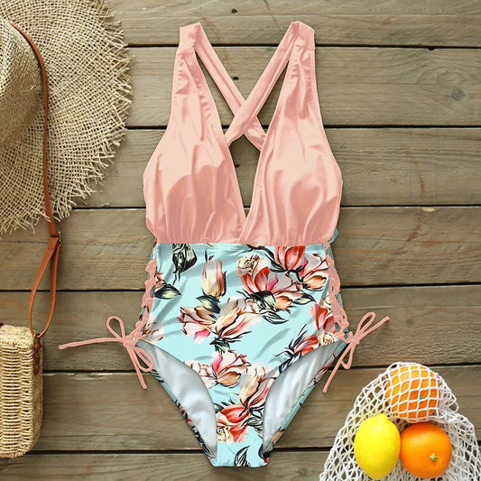 Traje de baño completo bicolor rosa azul