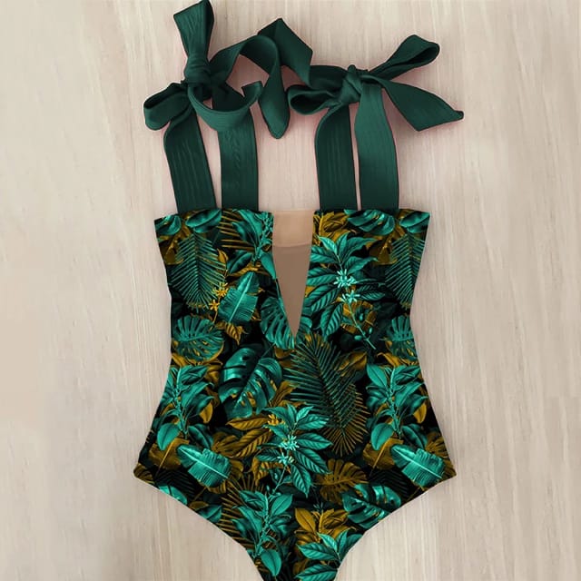 Traje de Baño~ Monokini Escote en "V" Estampado Hojas