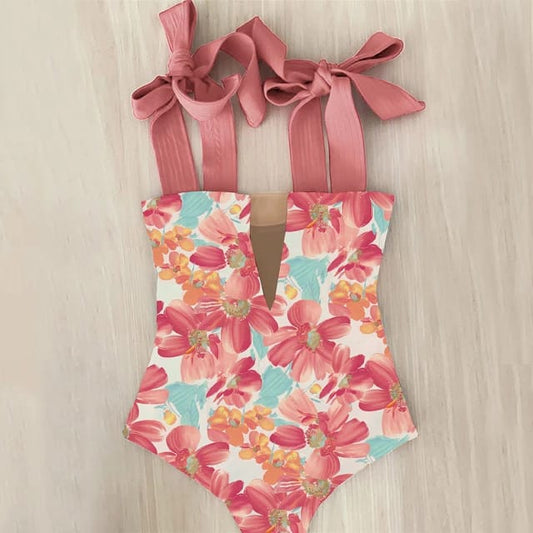 Traje de Baño~ Monokini Escote en "V" Estampado Flores