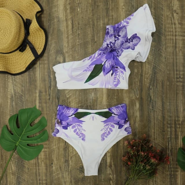 Traje de Baño~ Bikini Blanco con Volantes Flores Lila