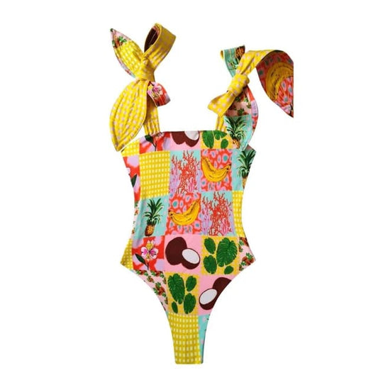 Traje de Baño~ Monokini Escote en "V" Estampado Fruta Tropical