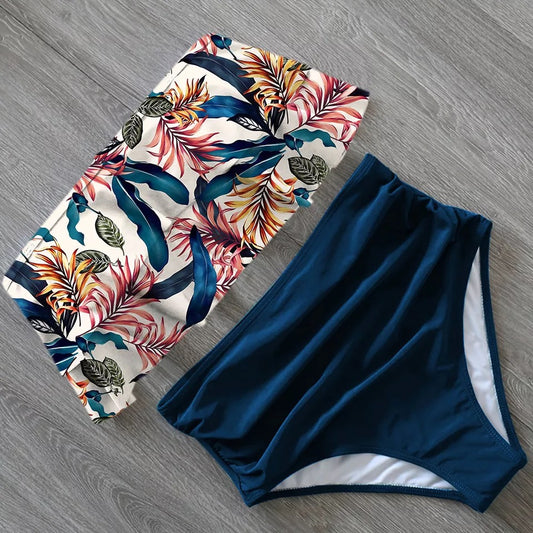 Traje de baño Cintura alta palma azul