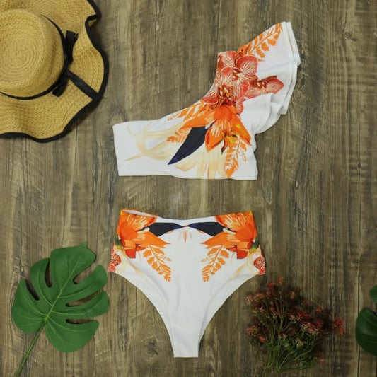 Traje de Baño~ Bikini Blanco con Volantes Flores Naranja