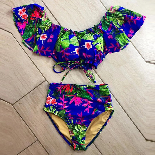 traje de baño dos piezas con vuelo en mangas estampado tropical azul