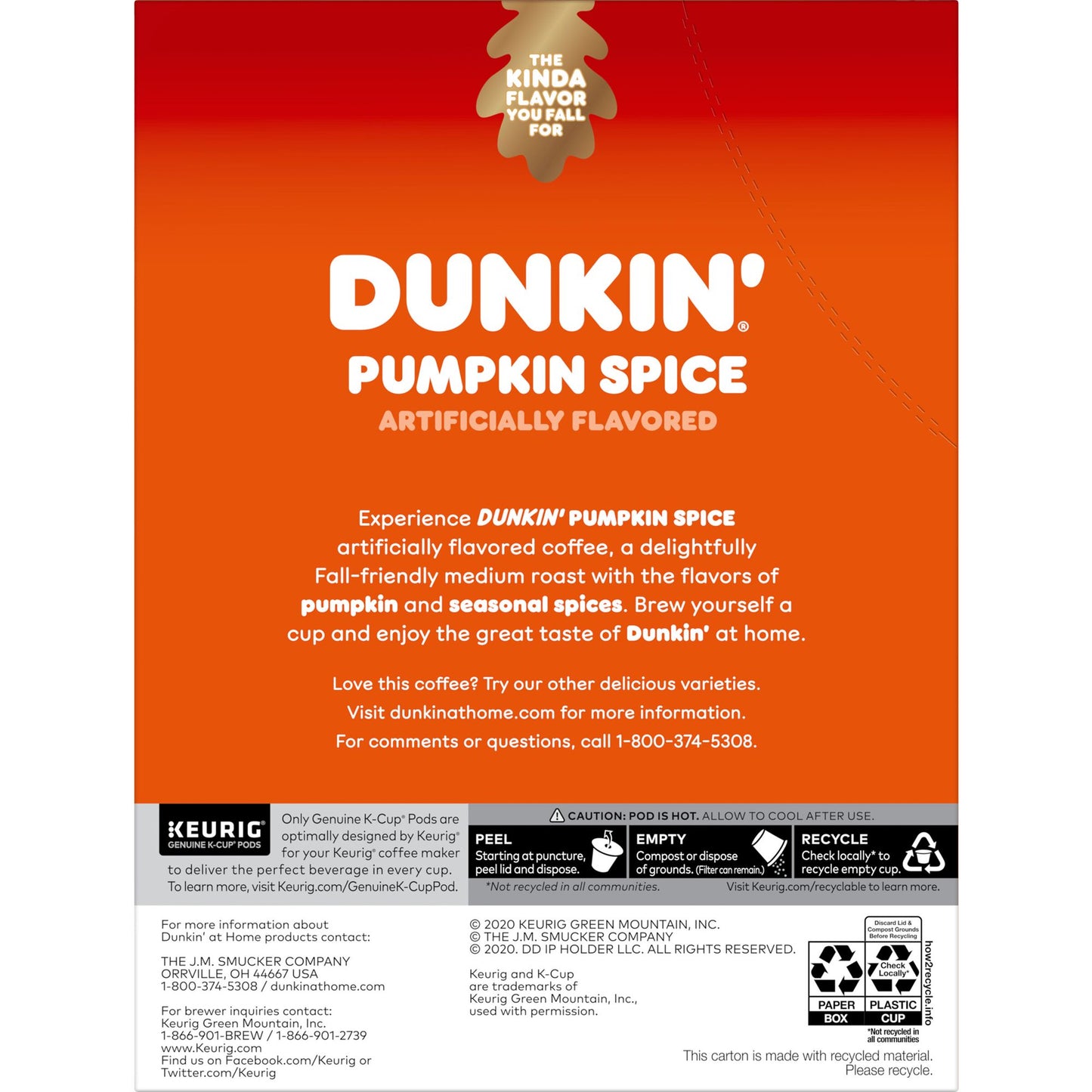 Dunkin Pumpkin Coffee Limited Edition Keurig K cup Pods 22 piezas