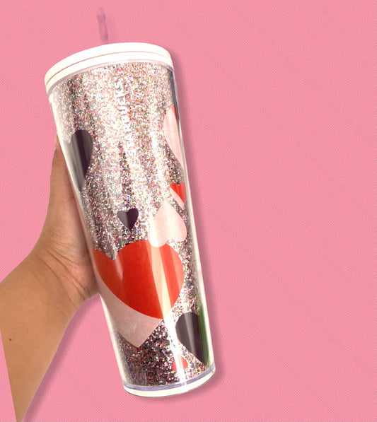 Starbucks Vaso Corazones Glitter Tapa