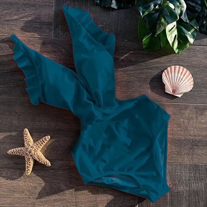 traje de baño completo con cuello de V verde