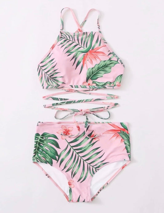 Bañador de dos piezas cruzado tropical rosa
