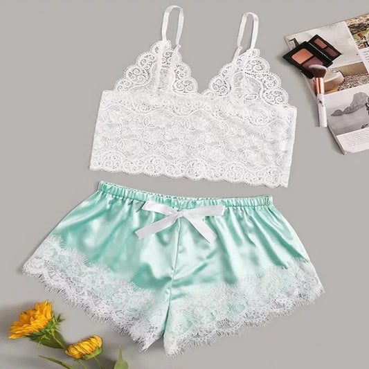 pijama dos piezas seda y encaje rosa menta