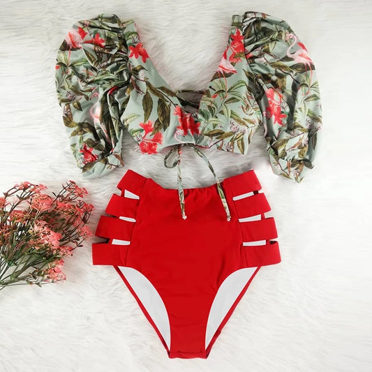 traje de baño dos piezas con mangas bombachas tropical