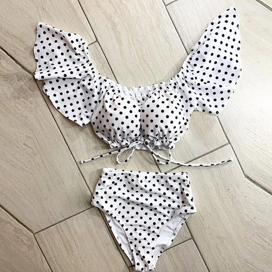 traje de baño dos piezas con vuelo en mangas con lunares