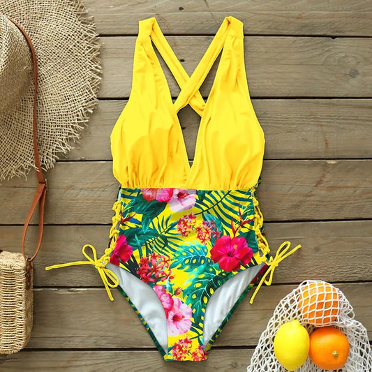 Traje de baño completo bicolor amarillo flores