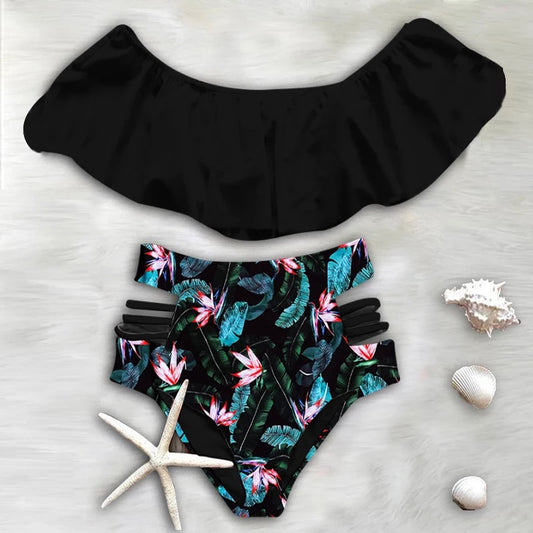 traje de baño dos piezas con vuelo en mangas color negro con bot tropical