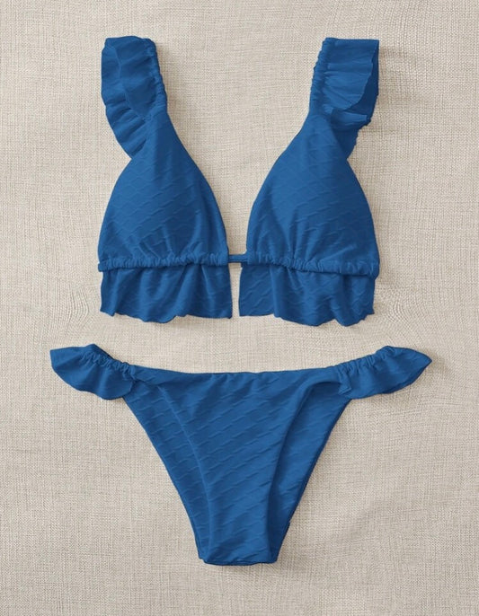 Bikini con tirantes fruncidos azul
