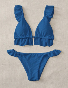 Bikini con tirantes fruncidos azul