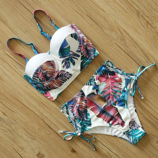 Traje de baño dos piezas con palmas blanco y azul