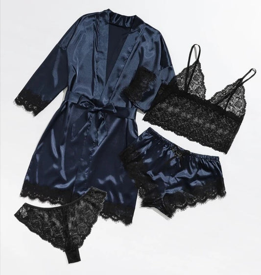 Set de lencería con bata de satén-Azul marino