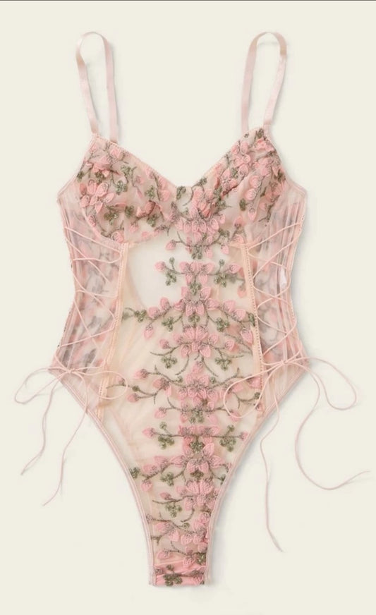 Body teddy de encaje con cordón-Rosa