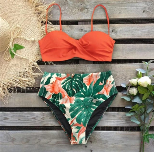 Traje de Baño~ Bikini Bandeau Naranja Hojas