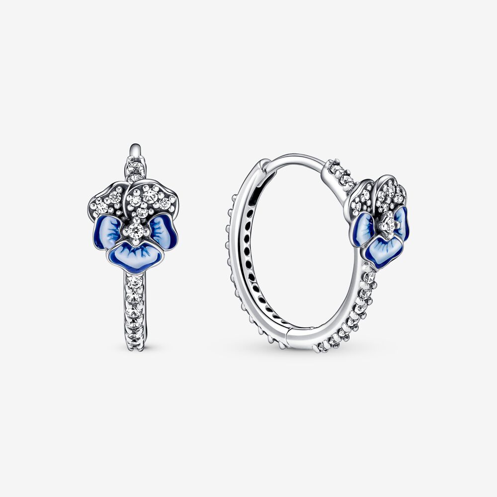 Blue Pansy Flower Hoop Earrings