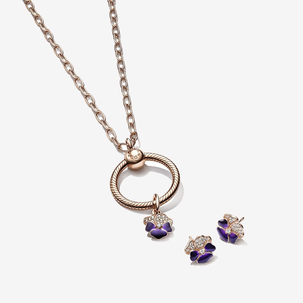 Deep Purple Pansy Flower Pendant Necklace and Earring Set