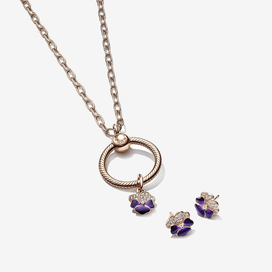 Deep Purple Pansy Flower Pendant Necklace and Earring Set