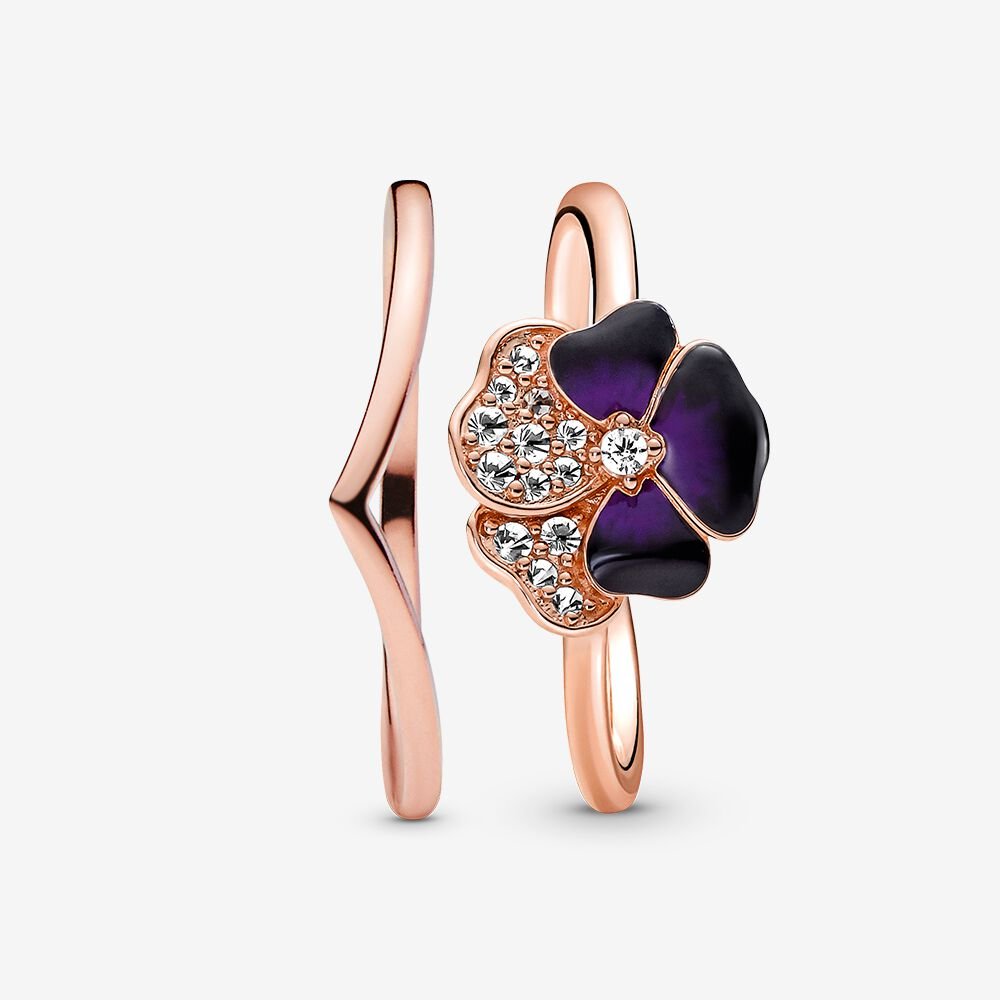 Deep Purple Pansy Flower Wishbone Ring Set