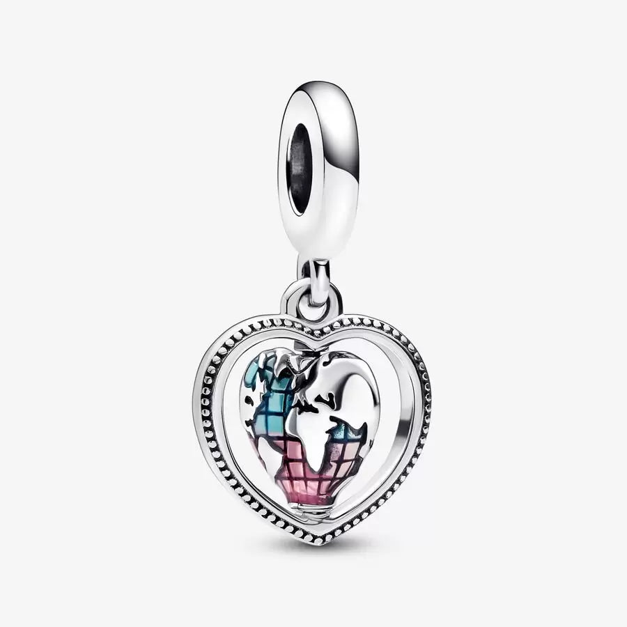 Family Spinning Heart Globe Dangle Charm