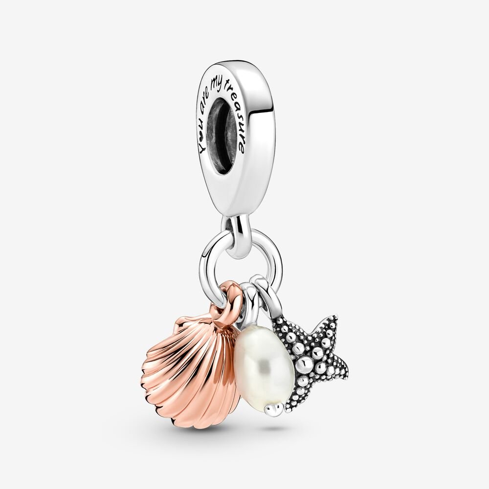 Freshwater Cultured Pearl, Starfish & Shell Triple Dangle Charm