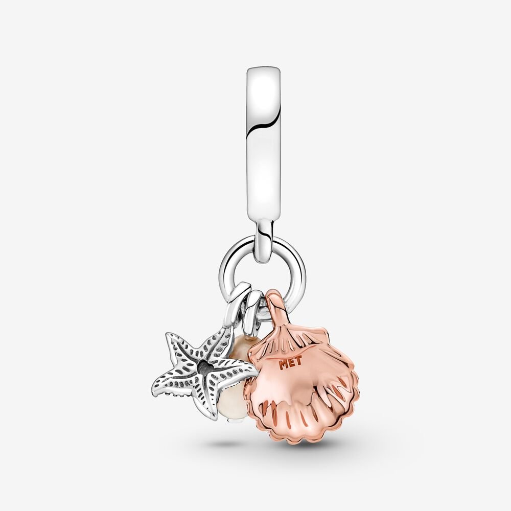 Freshwater Cultured Pearl, Starfish & Shell Triple Dangle Charm