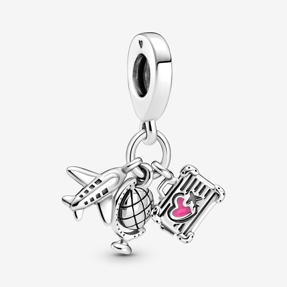 Airplane, Globe & Suitcase Dangle Charm Silver