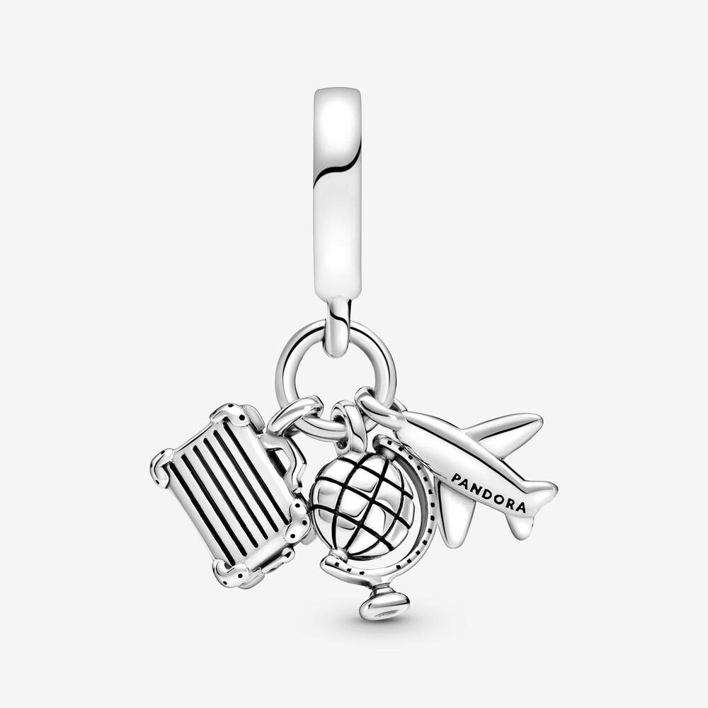 Airplane, Globe & Suitcase Dangle Charm Silver