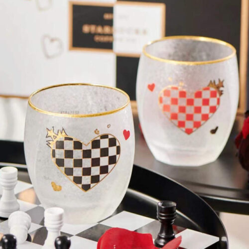 Chess Series Black Red Heart Translucent Couple Glass Cup Set